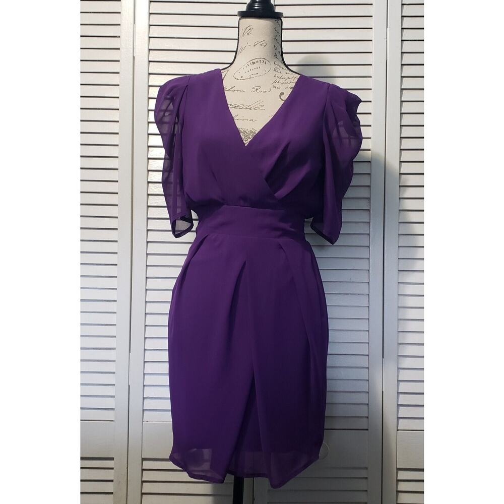 Asos Faux Wrap Chiffon Dress Women's Size 6 Purple Short Sleeve V-Neck Draped